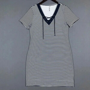 Lulu B Dress Size XS Navy Blue White Stripe V-Neck Short Sleeve Nylon Stretch